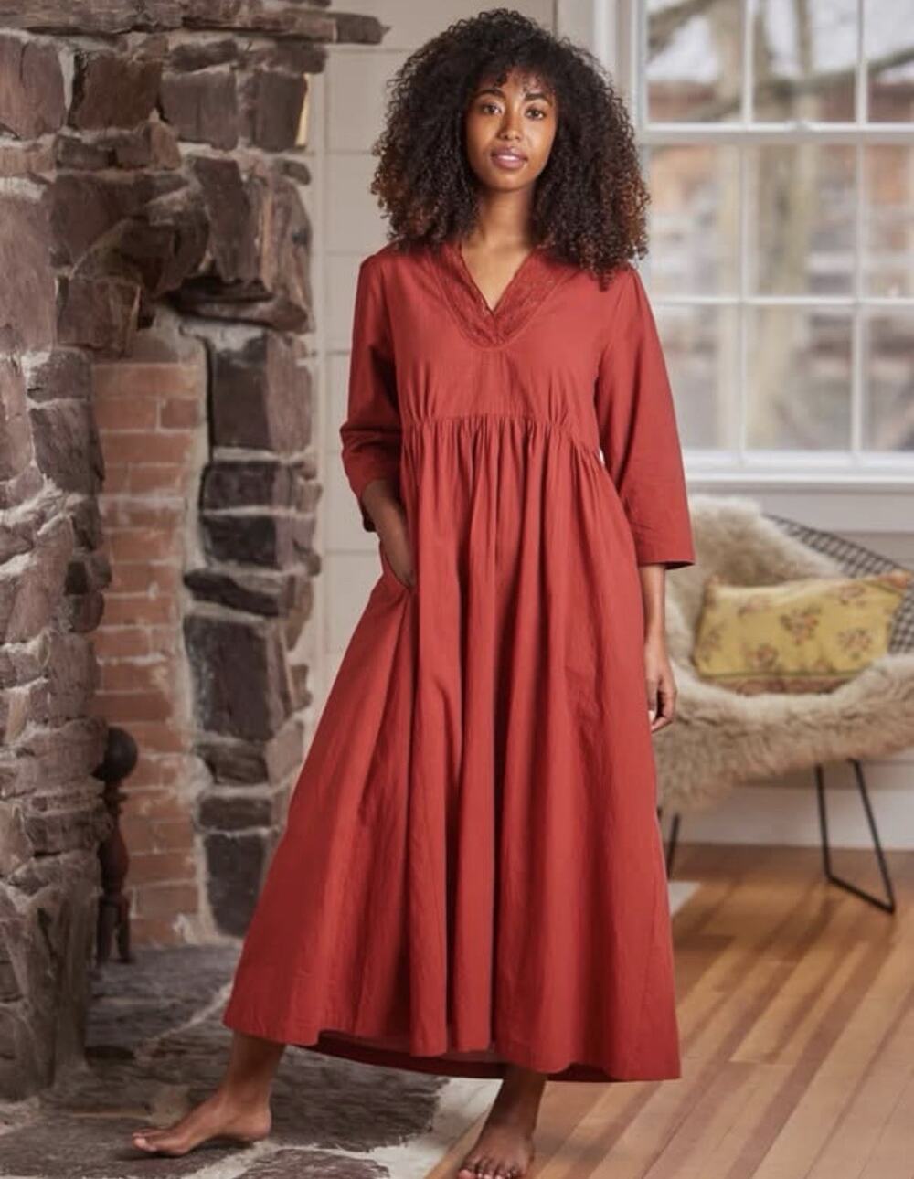 April Cornell XL Red Cotton Maxi Dress Lace Trim Empire Prairie Cottagecore
